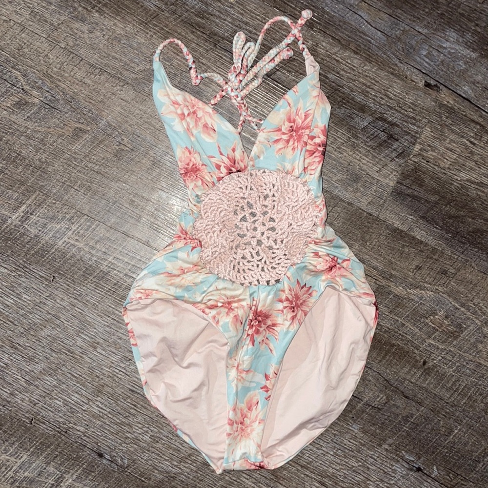 Frankies bikini floral crochet cut out one piece swimsuit